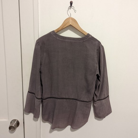 Anthropologie Cloth & Stone Grey Lattice Detail Bell Sleeve Top - Picture 9 of 13